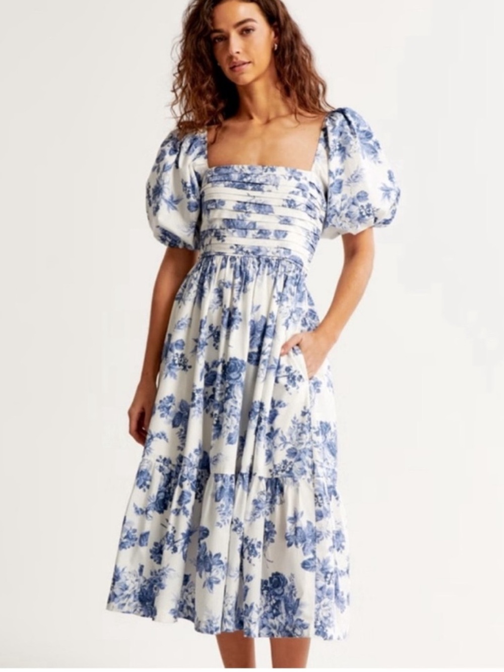 Abercrombie & Fitch Blue and White Floral Puff-Sleeve Midi Dress